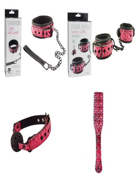 Lux Fetish Special include collar with leash, ball gag, wrists cuffs and paddle